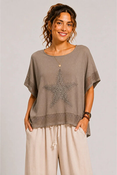 bysoca Women's Brown Linen Sequined Starry Blouse Bohemian Loose Mercerized O...