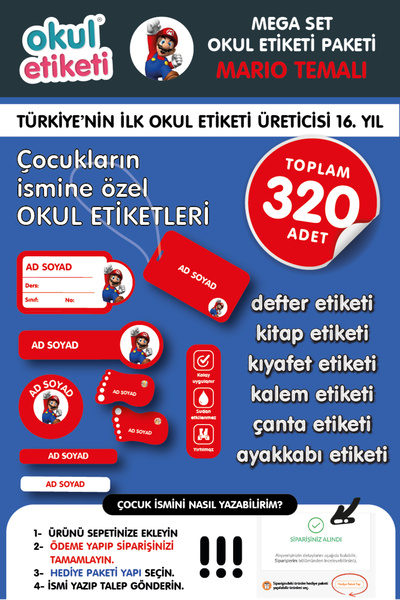OKUL ETİKETİ BASKI MEGA MARIO TEMALI PAKET İSME ÖZEL OKUL ETİKETİ / STICKER T...