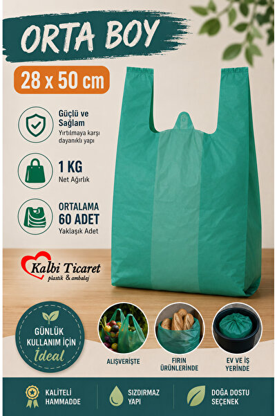 Kalbi Ticaret Kalın Yeşil Poşet Orta Boy 1 Kg 28x50 cm Market Manav Poşeti Hı...