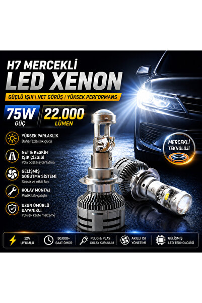 FORTİCO H7 mercekli 22.000 Lümen Mercekli LED Xenon Far Ampulü – Projektör Lens LED Far, Güçlü Beyaz Işık, Yüksek