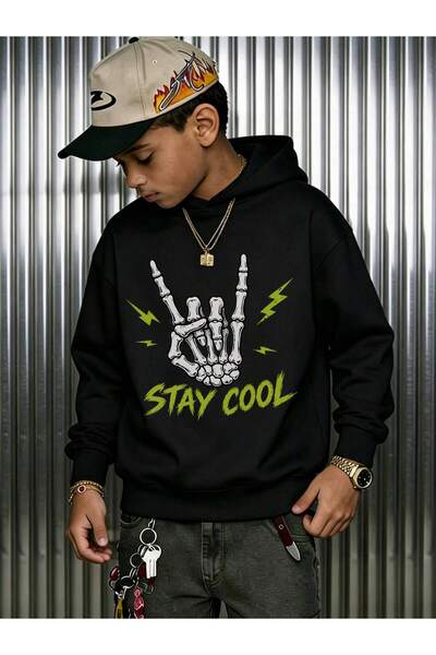 SVART WEAR Детски суичър с качулка с принт  "Stay Cool ", от пениран памук, с...