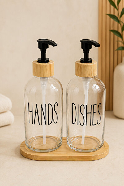 KLARHAUS Relly Double Glass Soap Dispenser Set with Bamboo Stand – 2 X 500 ml...