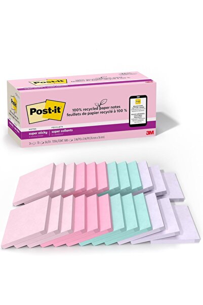 Post-it %100 Geri Dönüşümlü Kağıt Süper Yapışkan Notlar, 2X Yapıştırma Gücü, ...