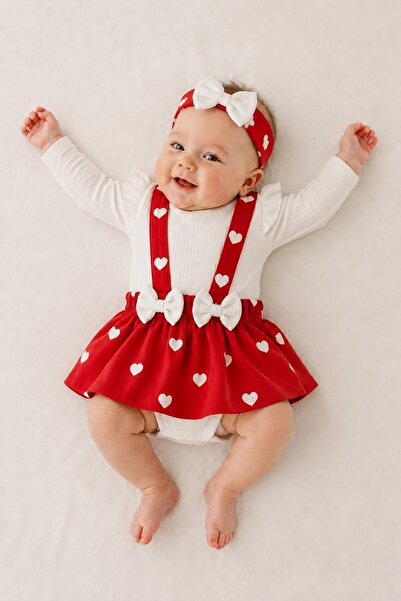 METEOR BABY Baby Girl Set Dress Heart Patterned 3-Piece Set Bow Detailed Susp...