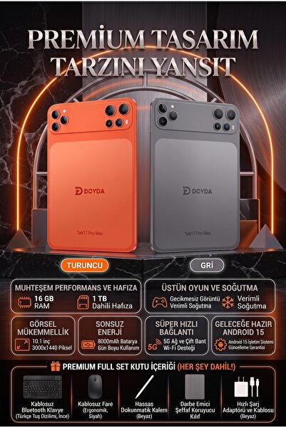 DOYDA Tab17 Pro Max Tablet - 16GB RAM 1TB Hafıza | Şarj Aleti Klavye Mouse Ka...