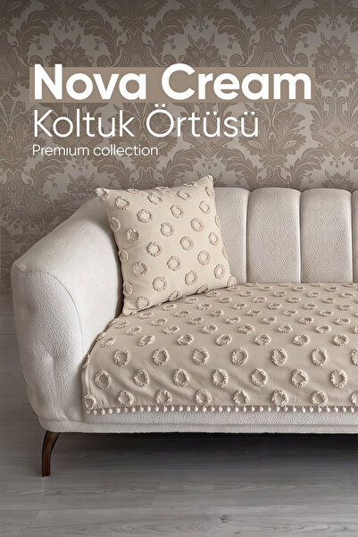 Çağ tekstil home Çağ Tekstil Nova Ponponlu Bej Renk Premium Pamuklu Koltuk Ör...