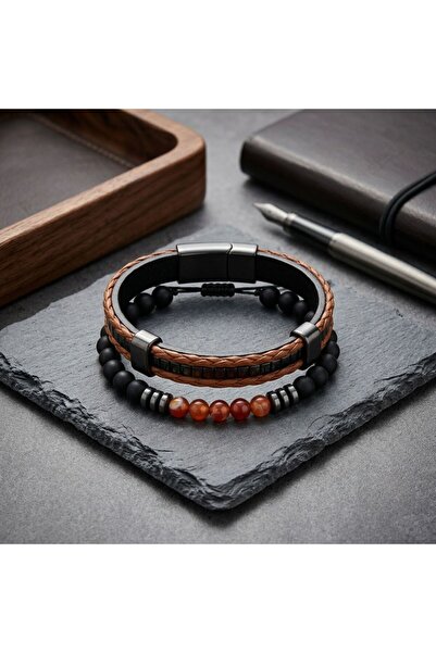 toptanhanem Brown Color Genuine Leather & Natural Stone 2-Piece Men's Bracele...
