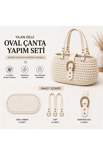 aurellen Oval Çanta Yapım Seti – 25x12 cm Taban, 2 Adet Dikmeli Sap ve Yılan ...