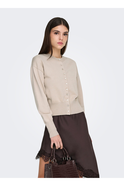 ONLY Bej Kadın Triko Hırka ONLMIO LS O-NECK BUTTON CARDIGA KNT