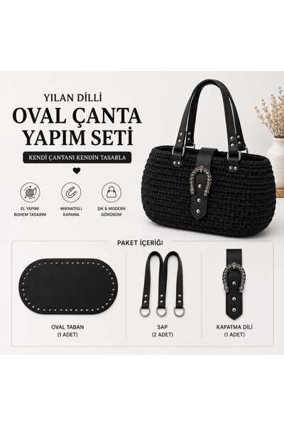aurellen Oval Çanta Yapım Seti – 25x12 cm Taban, 2 Adet Dikmeli Sap ve Yılan ...
