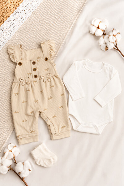 İZYALİF BABY Baby Girl Bow Patterned Twill Fabric 3 Piece Jumpsuit Salopet Se...