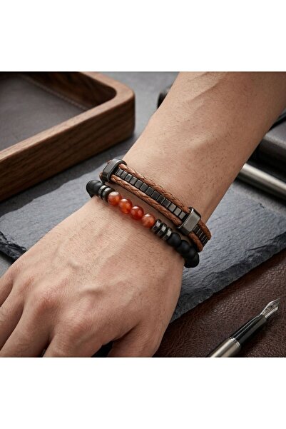 HOBİSY GIFT SHOP Natural Stone Combined Brown Genuine Leather Men's Bracelet Set