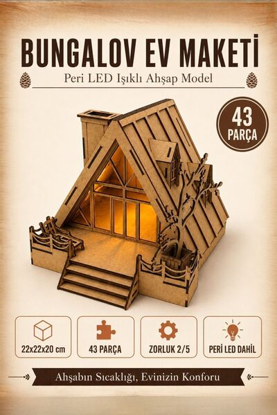 ALGWOOD Bungalov Ev Maketi Bacalı 3D Ahşap Model Peri LED Işıklı 43 Parça DIY...
