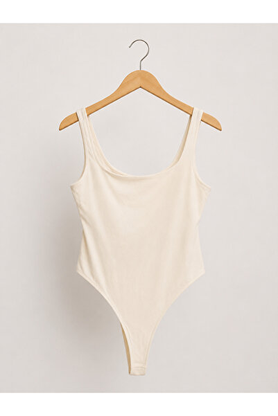 Genel Markalar Kadın Krem Askılı Bodysuit Basic Çıtçıtlı Atlet Body