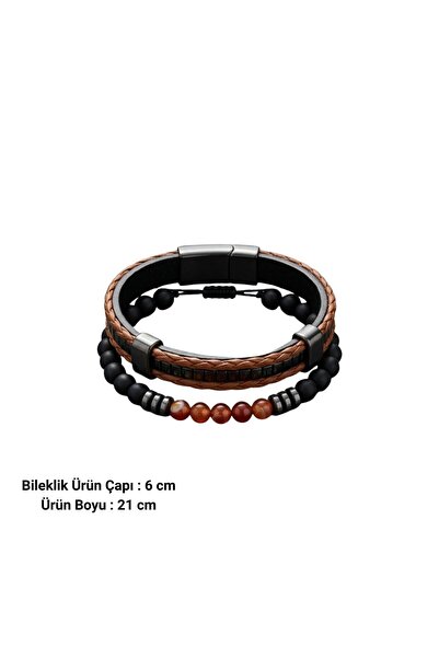 HOBİSY GIFT SHOP Doğal Taş Konbinli Kahverengi Hakiki Deri Erkek Bileklik Seti