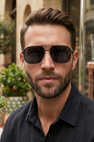 Di Caprio Black Geometric Frameless Polarized Glass Men's Sunglasses