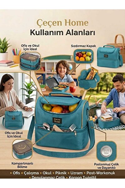 ÇEÇEN HOME Heat Insulated Thermal Lunch Bag Turquoise Blue Double Compartment...