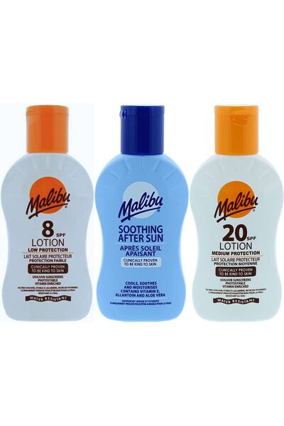Malibu Set de călătorie: Loțiuni solare SPF8, SPF20 + Loțiune după plajă
