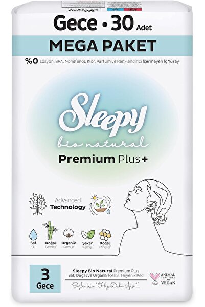 Sleepy Bio Natural Premium Plus Hijyenik Ped Mega Paket Gece 30 Adet