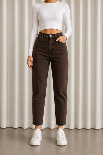 DELDNM Daisy Women's Brown High Waist Lycra Mom Jean Jeans