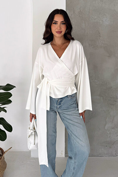 Noa&Noa Women's Double Breasted Collar Belted Waist Long Sleeve Stylish Blouse