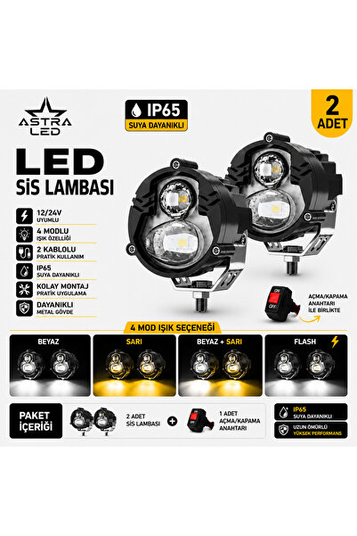 ASTRA LED 2 Adet Açma Kapama Anahtarlı Motosiklet Atv Utv Scooter LED Sis Far...