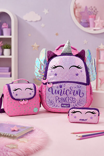 Catwins Bubbles Kız Çocuk Unicorn Princess 3'lü Okul Çantası Seti - Sırt Çant...