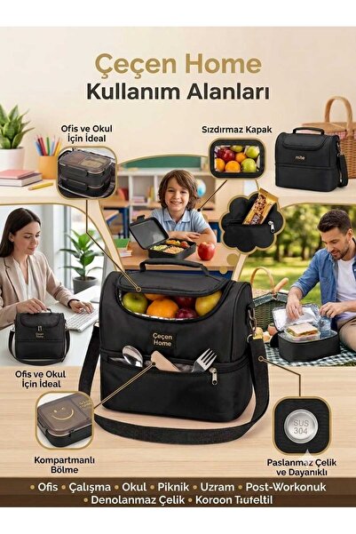 ÇEÇEN HOME Isı Yalıtımlı Termal Beslenme Çantası Turkuaz Mavi Çift Bölmeli Om...
