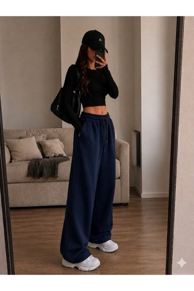 JARVİN Oversize Women's Sweatpants Relaxed Fit Premium Cotton Navy Blue
