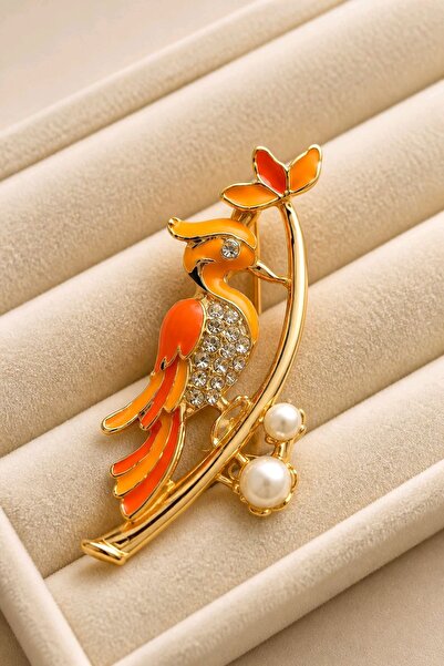 mosmoda Gold Turuncu Sarı Ağaçkakan Broş, Uzunluk: 6cm, Genişlik: 2,5cm