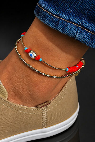 ByMerve Women's Anti-Tarnish Gold Steel Evil Eye Beaded Anklet Set of 2 Coral...