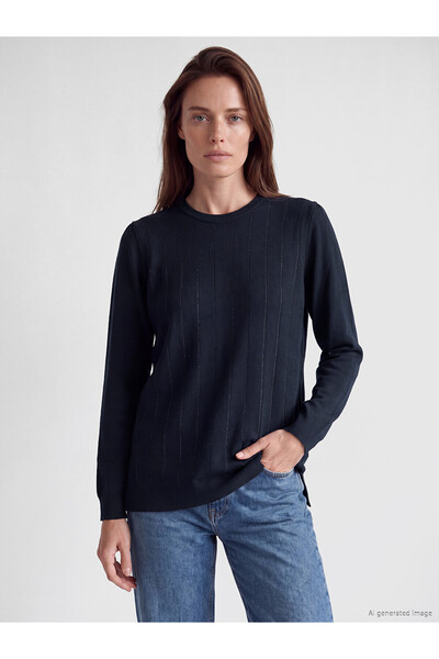 LC Waikiki Lcw Grace Navy Blue Crew Neck Striped Women's Knitwear Sweater