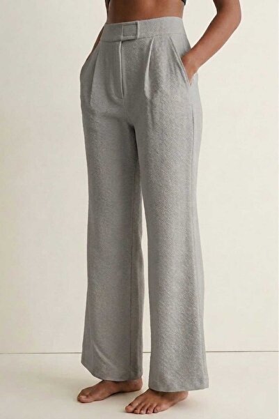 PORİENTO Gray Women's High Waist Stretchy Textured Crepe Fabric Wide Leg Pala...