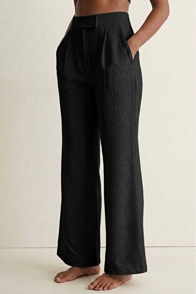 PORİENTO Black Women's High Waist Stretchy Textured Crepe Fabric Wide Leg Pal...
