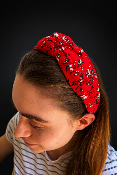 ByMerve Women's Red Mini Floral Patterned Knotted Fabric Hair Crown Wide Soft