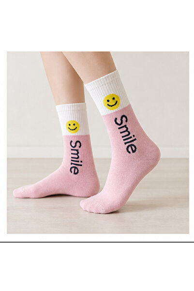 2 Çift Smile Yazılı Gülen Yüzlü Soket Çorap – Renkli Günlük Ribana Model