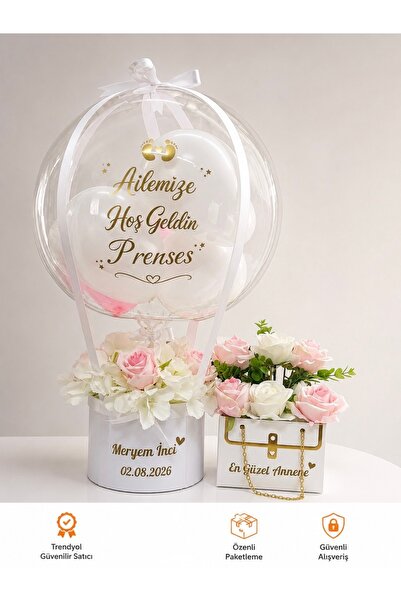 baloonluxury Beyaz & Pembe Gül Detaylı Şeffaf Balon Sepeti - Bebek Doğum & Ho...