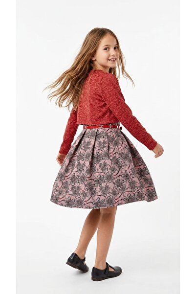 Generic Brand Rochie de fetite cu vesta si curea rosie, de iarna, model floral