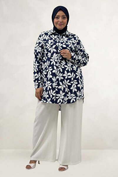 Eslina 68094 Plus Size Cuffed Patterned Mango Tunic - Leaf Patterned Navy Blue