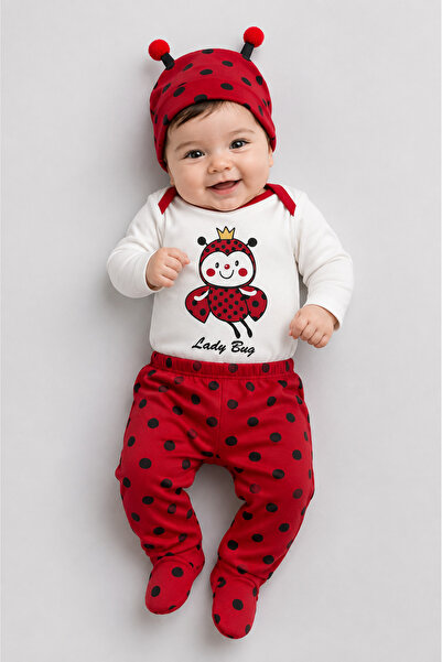 Uğur Böceği Desenli Bebek Zıbınlı 3’lü Takım %100 Pamuk Unisex Uzun Kollu Body,Patikli Pantolon, Şapka