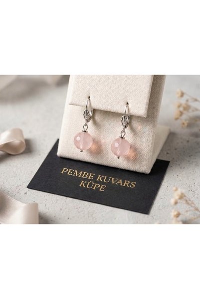 Taşmir Pink Quartz Stone Facet Cut Stainless Steel Earrings - 8 mm