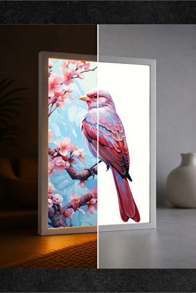 Pembe Bahar Kuşu LED Işıklı Tablo – Dekoratif Masa & Gece Lambası