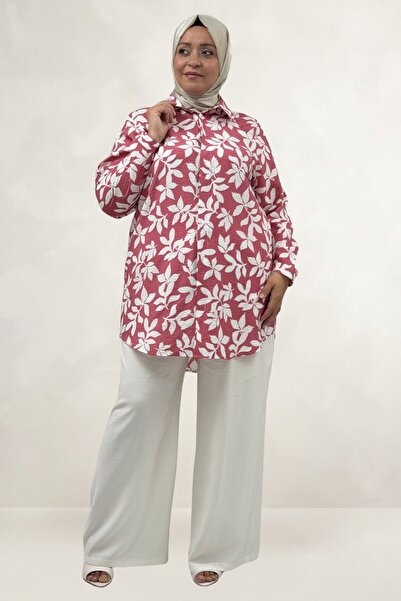Eslina 68094 Plus Size Cuffed Patterned Mango Tunic - Leaf Pattern Pink