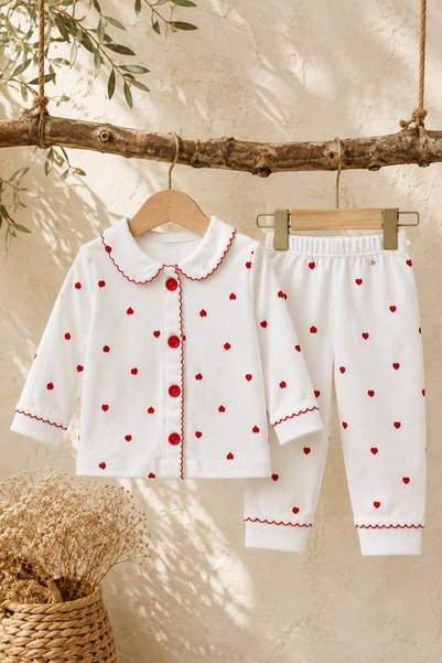 METEOR BABY Baby Girl Set - Pajama Set - Heart Patterned 2-Piece Set with Collar and Buttoned Bottom and Top Set