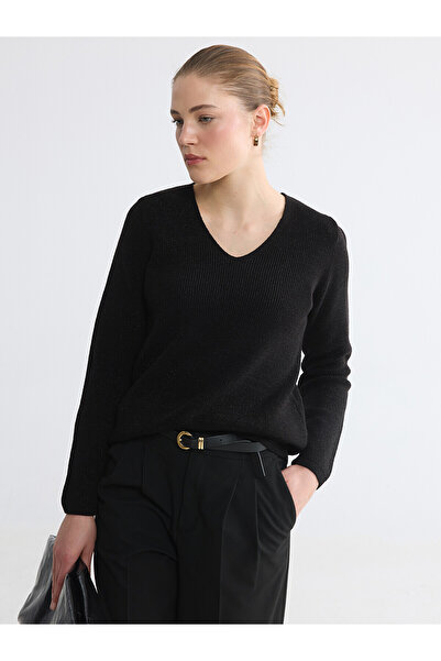 LC Waikiki Peak New Season V-Neck Shiny Textured Women's Knitwear Sweater