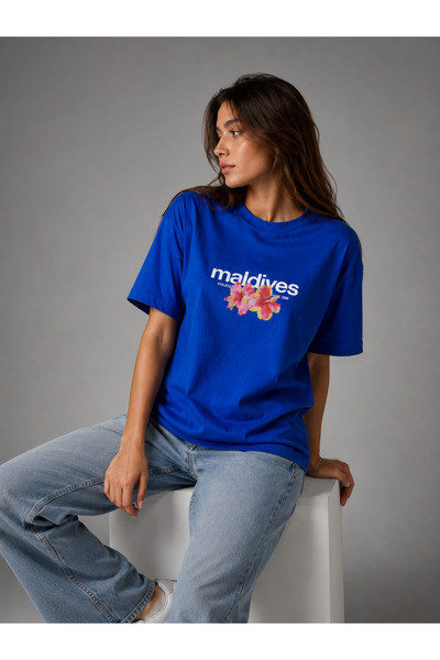 ENB1R MODA Γυναικείο T-SHIRT Μισό Oversize Μπλουζάκι Maldives με στάμπα, με λ...