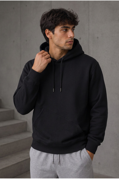 3 İP Siyah Kesik Cepli Kapüşonlu Sweatshirt – Erkek Kışlık Oversize Rahat Kalıp