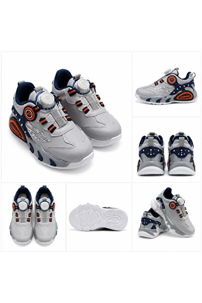 Çocuk Erkek Spor Ayakkabı Gri Lacivert Akıllı Bağcıklı Günlük Sneaker