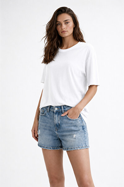 Bisou KADIN Düz Beyaz Basic Rahat Kalıp T-Shirt