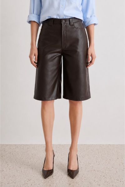 Grenj Fashion Brown Faux Leather High Waist Capri Length Bermuda Trousers